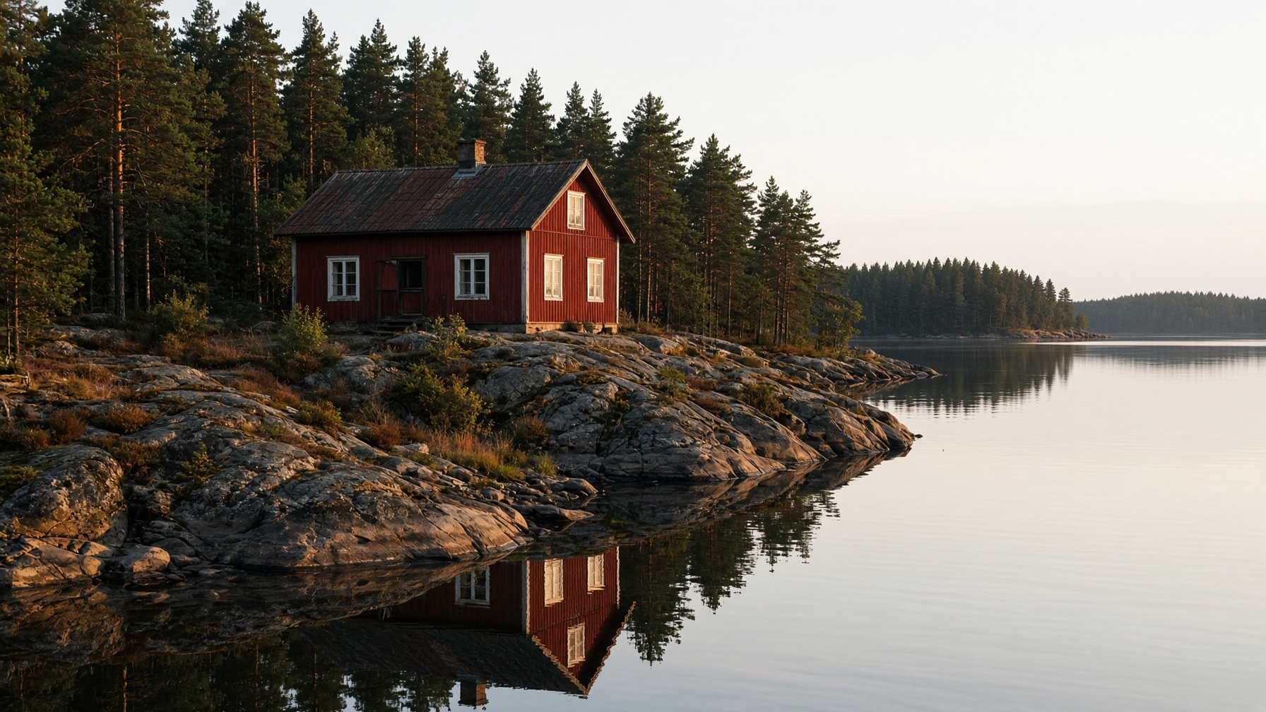 Chalet en bois au bord d'un lac finlandais, au soleil rasant