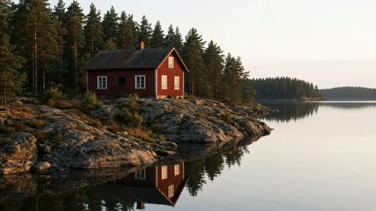 Chalet en bois au bord d'un lac finlandais, au soleil rasant