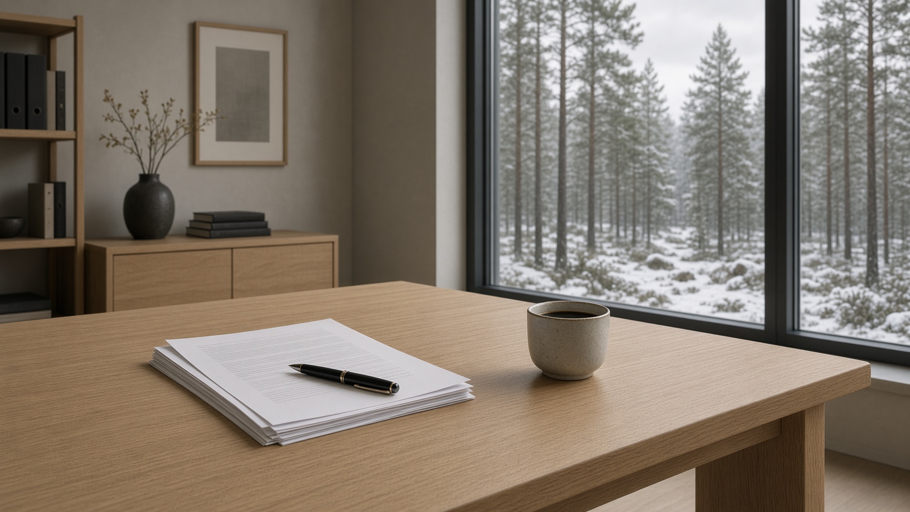 Bureau d'avocat, table en chêne et forêt de pins derrière la fenêtre